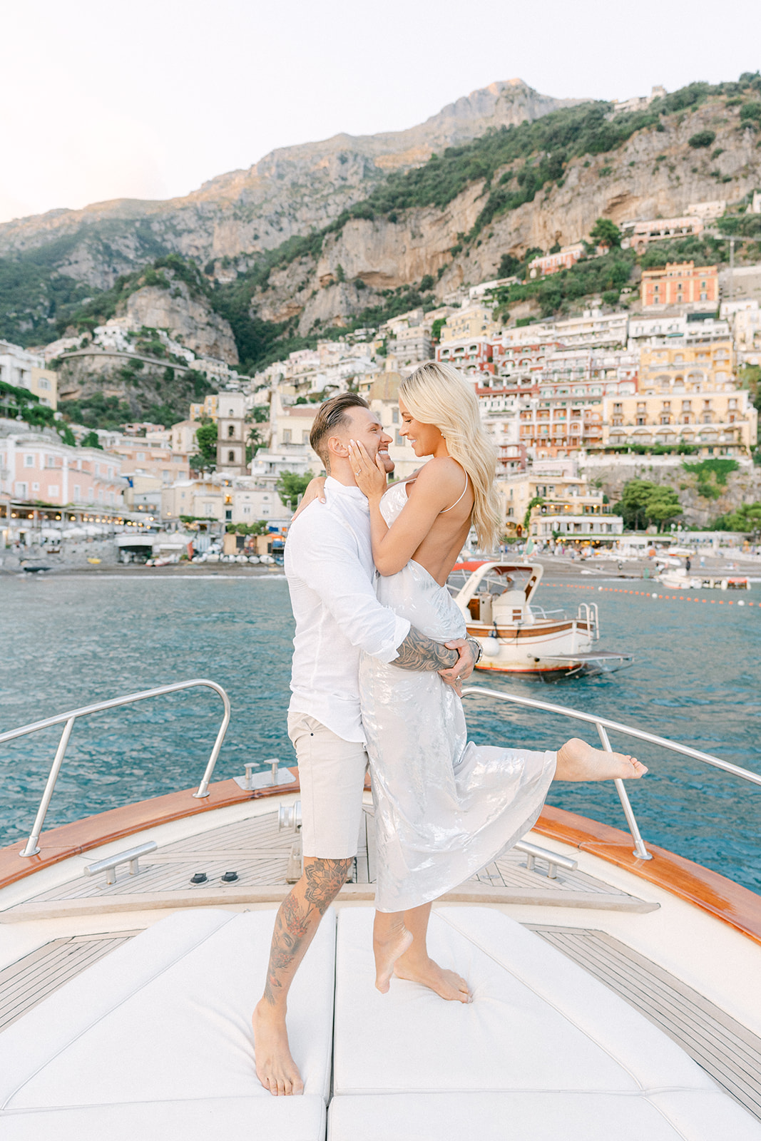 happy couple in golden hour for engagement photo
