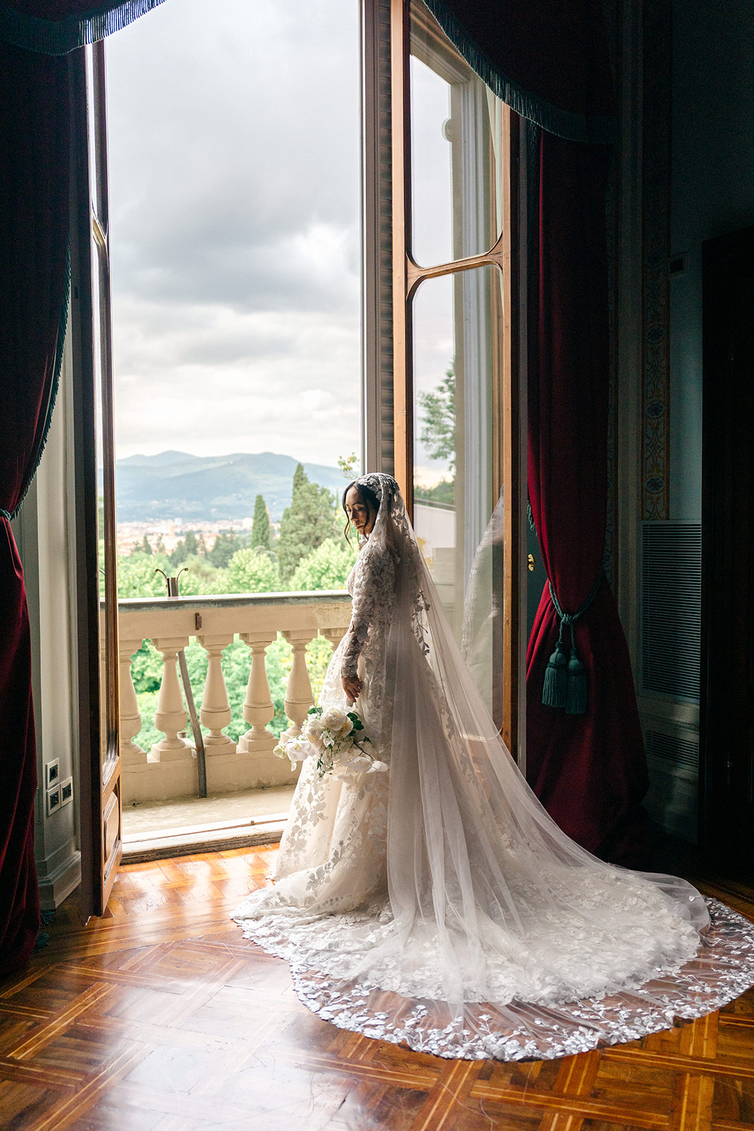 timeless wedding photo of the bride indoors in Villa Cora