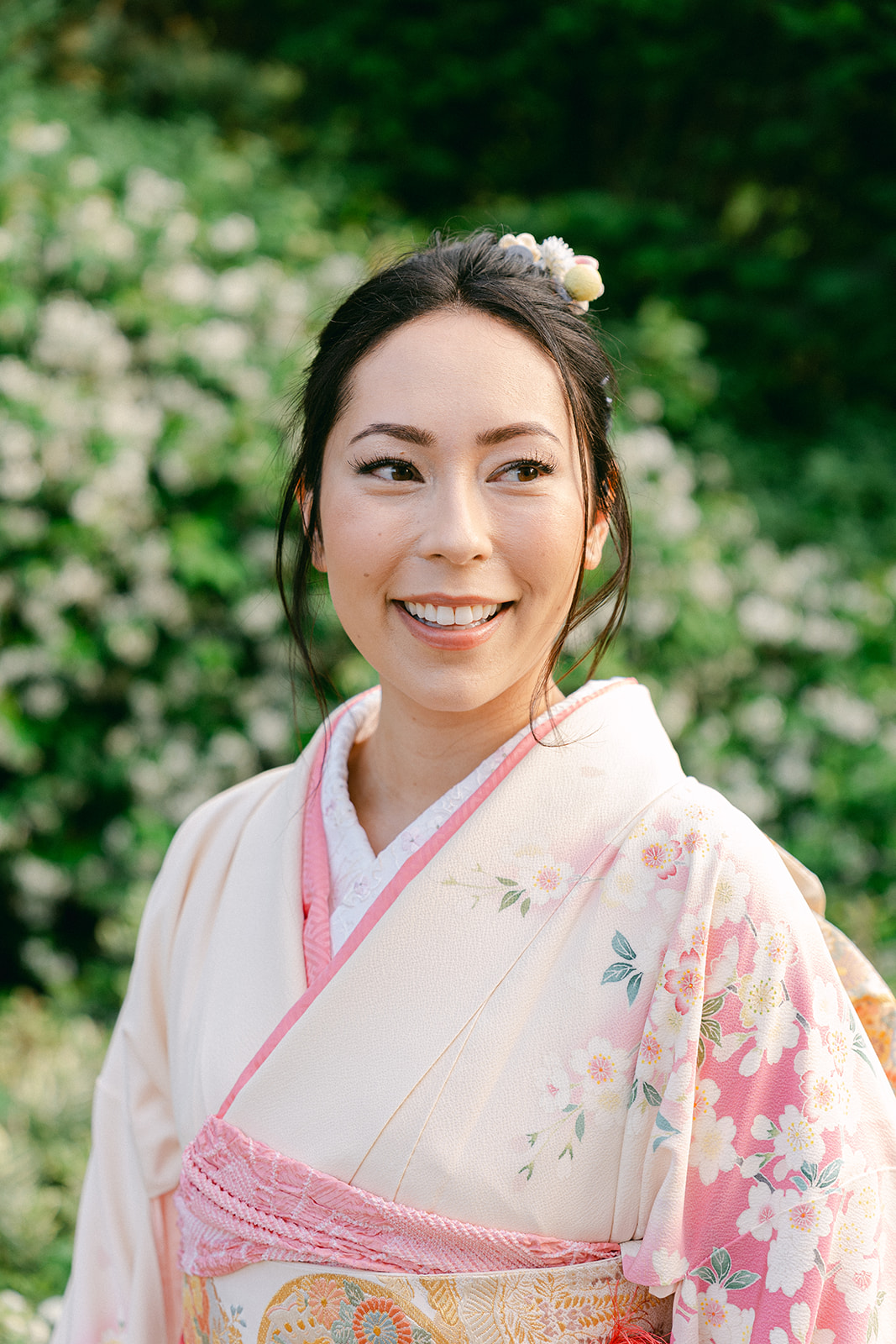 stunning bridal portrait outdoors wearing her Japanese wedding dress
