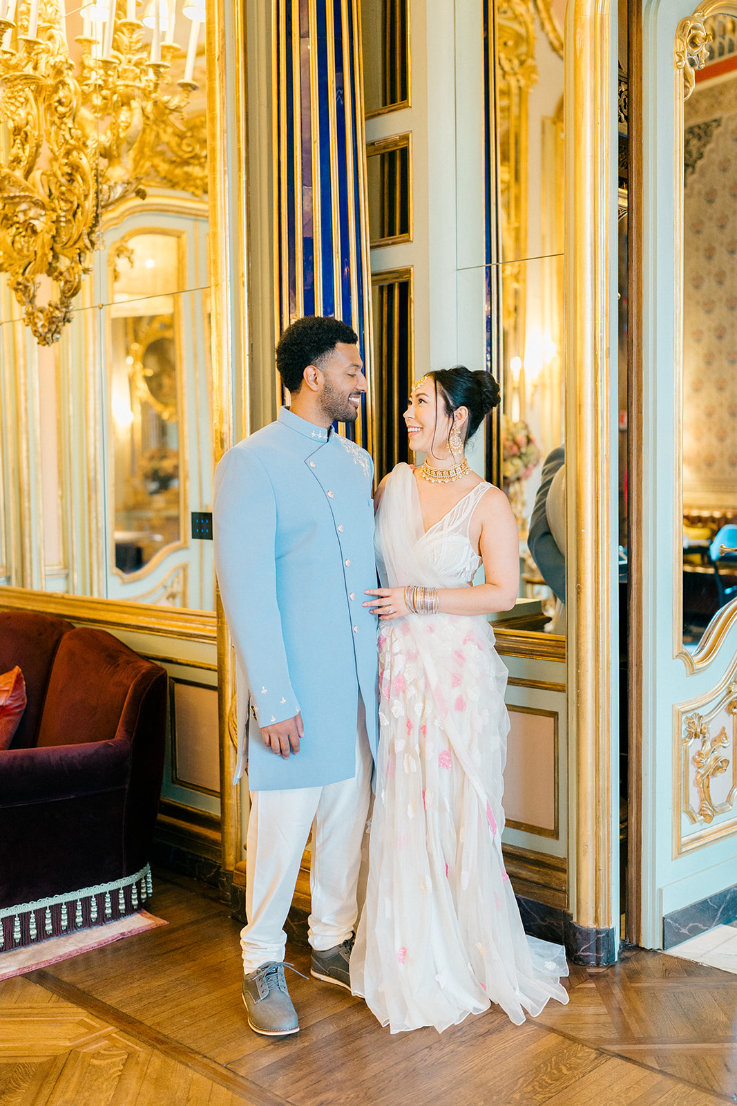 beautiful Indian wedding attire for a pre-wedding rehearsal dinner