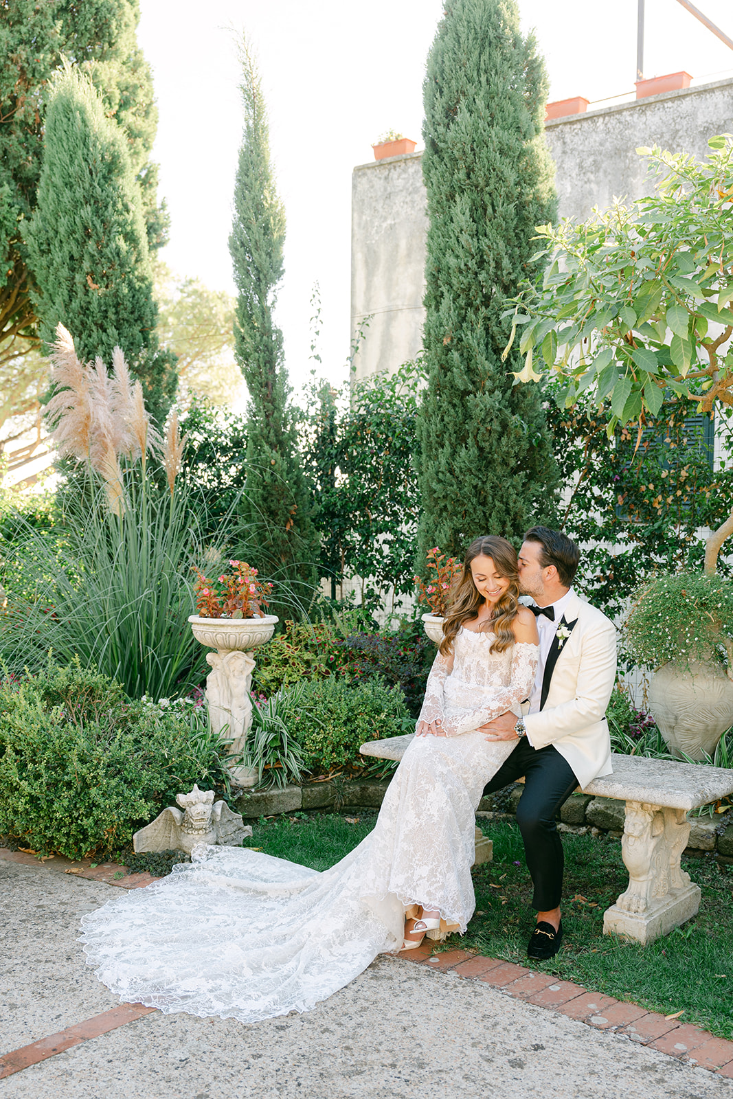 romantic wedding photo of bride and groom in Ravello