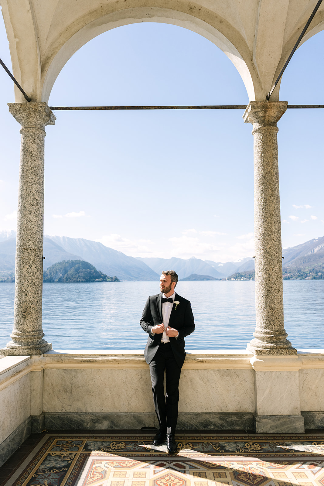 Groom Portraits at Villa Monastero with romantic lake views