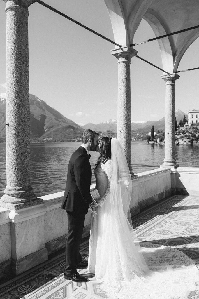 Romantic Lake Como elopement portraits at Villa Monastero terrace
